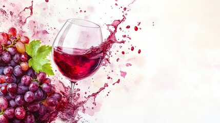 red wine splash with a red grape vine and a wine glass, isolated on white background