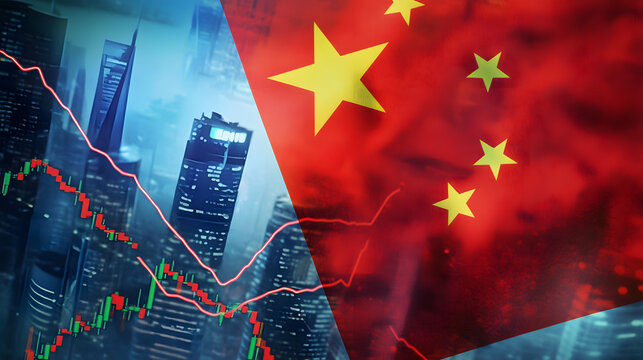 Chinese flag over a financial graph showing a market downturn with a city skyline in the background, reflecting economic challenges and urban financial activity.