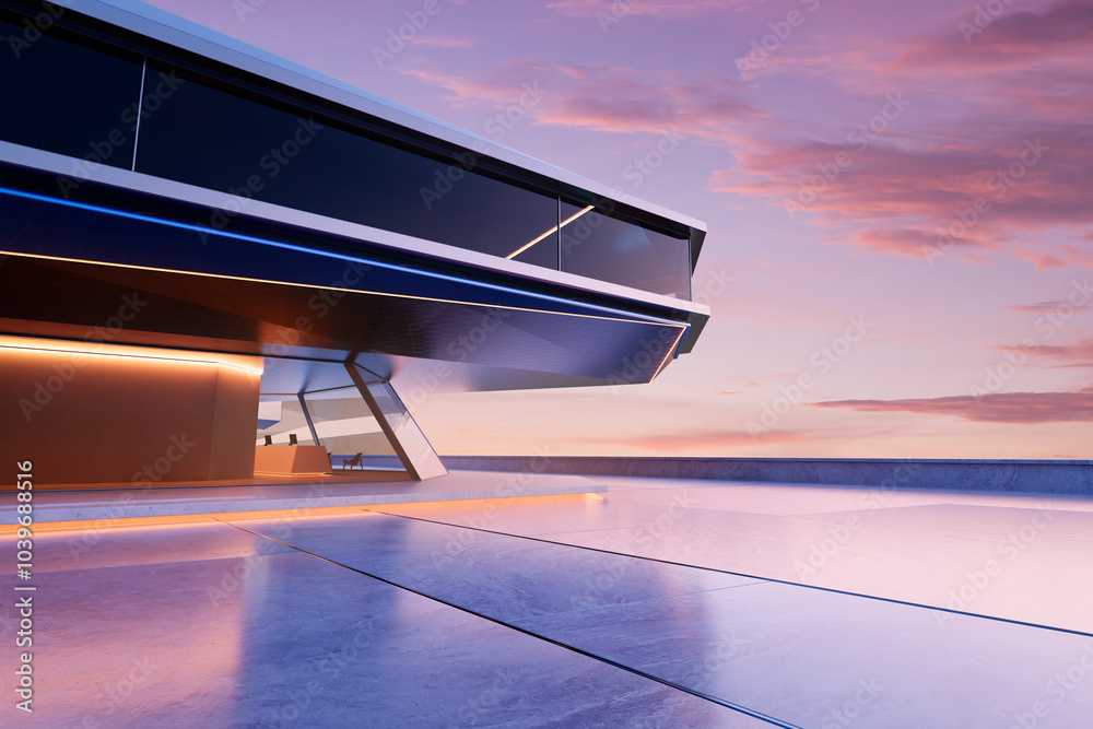 Fototapete modern empty building with futuristic design at sunset 3d rendering