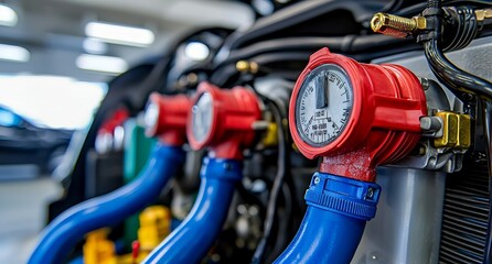 Auto mechanics use a manifold gauge to check refrigerant levels and refill air conditioner refrigerant.