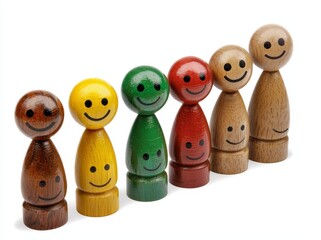 A minimalist approach to the satisfaction and business growth process with emojis, emotion faces and wooden balls.