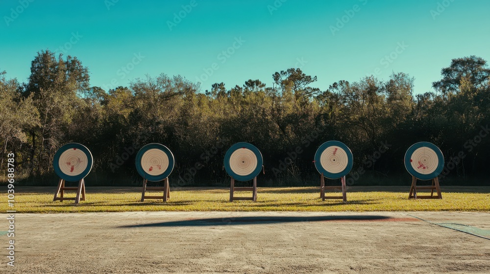 Aufkleber a well-organized archery range under a clear sky, bows and targets aligned for precision shooting, s