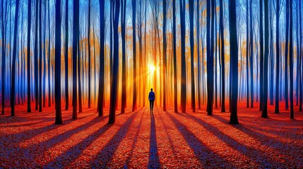 Man walking in autumn forest at sunset