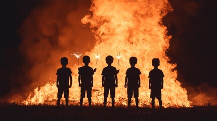 Fototapeta premium Children Enjoying Sparklers Near a Bonfire Celebration
