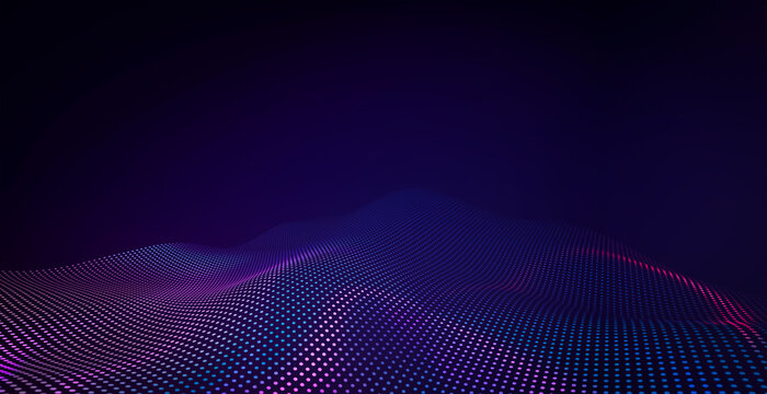 3d rendering of an abstract blue and purple particles wave forming a digital landscape