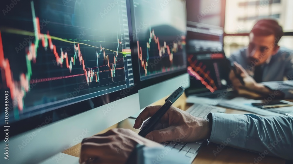 Poster two diverse crypto traders brokers discussing trading charts and research reports, analyzing investm