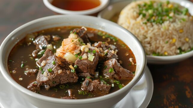 Pares also known as beef pares is a term for a serving of Filipino braised beef stew with garlic fried rice and a bowl of clear soup