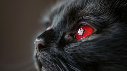 Cute muzzle of a black cat with red eyes closeup