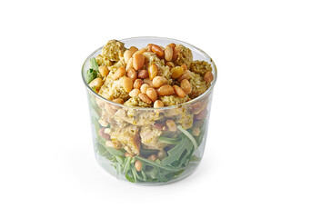 Green salads and chicken in the bowl style, white background isolated.