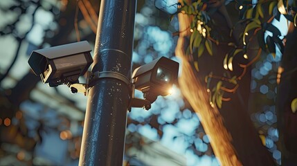 A close up reveals two cameras firmly mounted on a pole ready to capture every detail with precision and clarity offering enhanced surveillance and monitoring capabilities