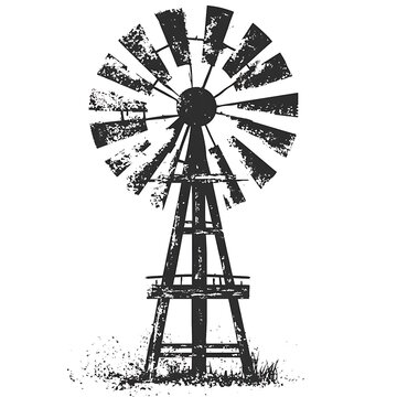 A black and white illustration of a windmill with a distressed texture.