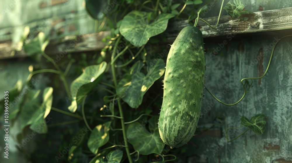 Poster a marketmore cucumber hanging down from a trellis growing on a wilting vine