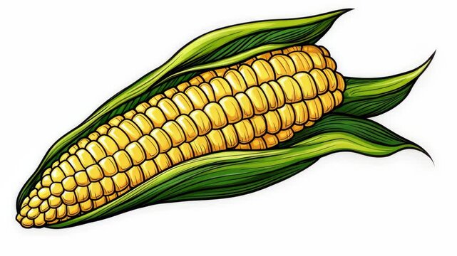 A single ear of corn, complete with husks, sits against a white background