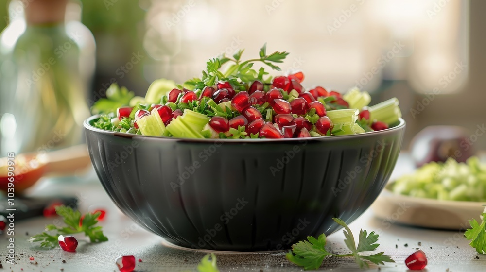Poster bowl of salad with celery parsley and pomegranate seeds on the table
