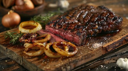 Traditional barbecue dry aged wagyu porterhouse beef steak bistecca alla Fiorentina with chanterelles and onion rings sliced and served as close up on an old rustic board