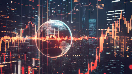 Digital rendering of the Earth with financial charts and data visualizations over a futuristic cityscape, symbolizing global economy and technology trends