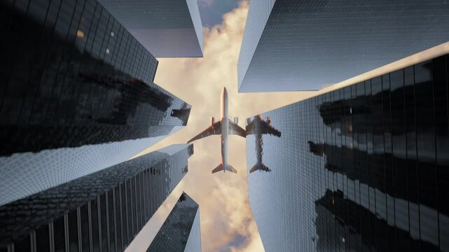 A Plane Flying Through The Air In A City With Tall Buildings Modern Urban Skyline Panoramic Photography Planes