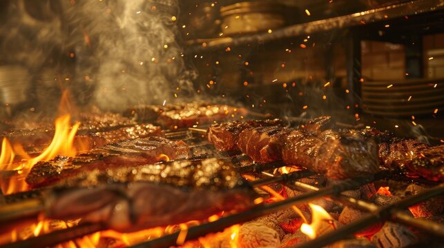 Various types of meat being roasted in a typical Uruguayan grill called parrilla supplied with firewood and flames in a restaurant kitchen