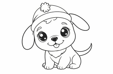 Obraz premium Cute Dog with Christmas Hat Coloring Book Page
