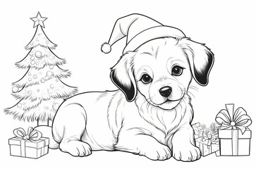 Fototapeta premium Cute Dog with Christmas Hat Coloring Book Page