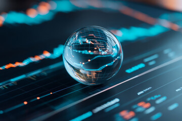 Globe reflecting financial market charts and stock trends, set against a digital interface
