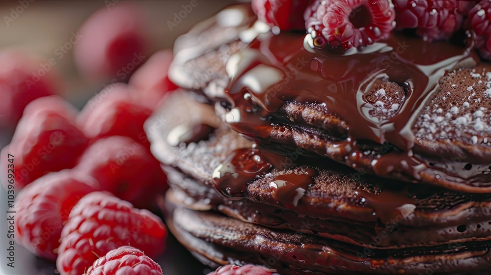 Poster stack of chocolate pancakes served with raspberries closeup view