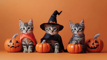  Enchanting Trio of Feline Witches Perched with Halloween Pumpkins, Perfect for Pet Shop Ads and Autumnal Celebrations