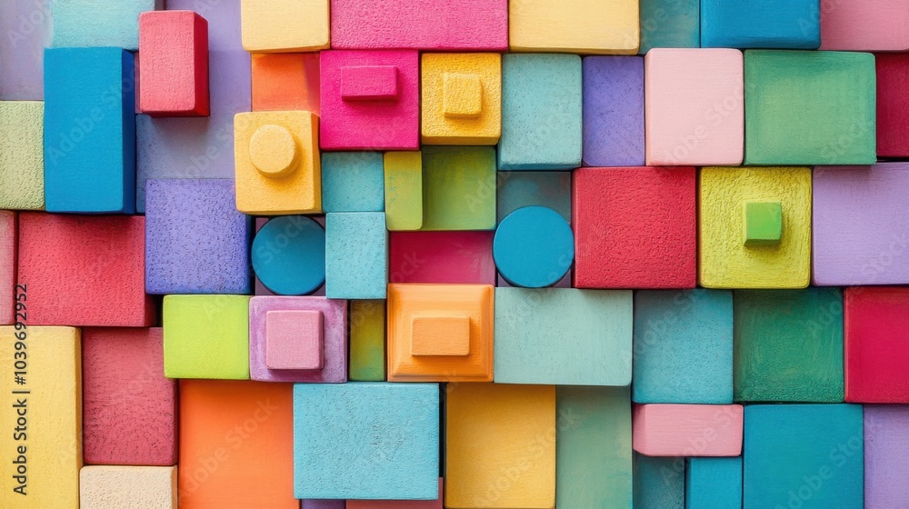 Poster A whimsical block-building scene with a variety of colorful blocks, Blocks arranged in an imaginative pattern, Creative photographic style