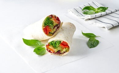 Chicken and meat wrap isolated white background.