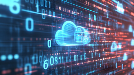 digital illustration of cloud computing infrastructure with binary code and security lock icons, representing cloud storage, data security, and digital networking.