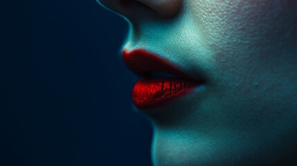  A woman's face, closely framed Red lipstick marks her lips against a blue backdrop