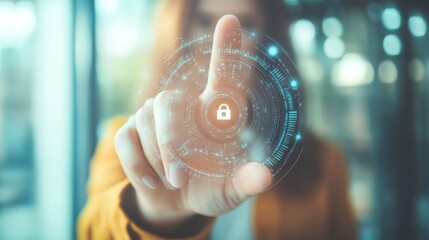Woman engaging with secure digital pad, a representation of online security and data protection