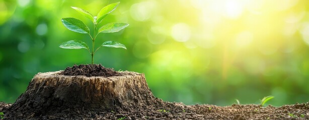 A young tree emerges beside an old stump symbolizing renewal and growth in nature's cycle