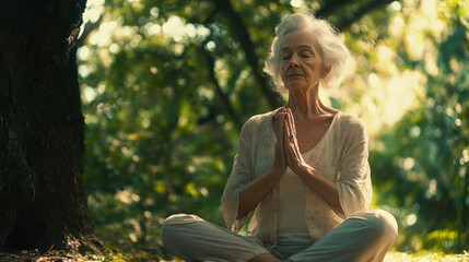 Senior woman exercising outdoors Beautiful elderly Woman Meditating Yoga