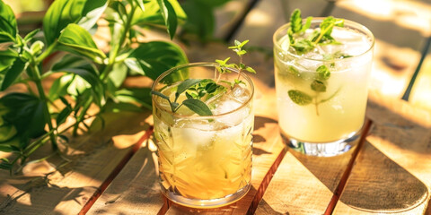 Refreshing herbal cocktails bask in sunlight, garnished with fresh mint and ice cubes