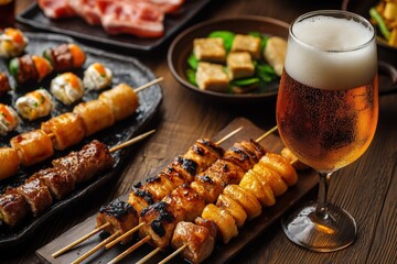 Izakaya: Japanese Pub Food Plate with Yakitori Skewers and Draft Beer Background