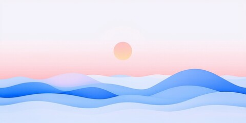 a simple landscape. aqua blue gradient to pink night skyand sun. Bold lines and geometric shapes