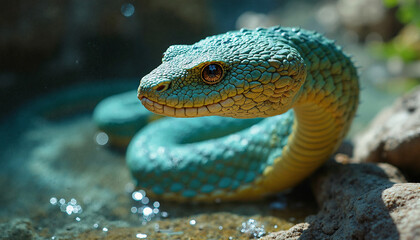 A close-up shot of a green viper resting on a rock beside a water source. The snake's vibrant green and yellow scales are sharply focused, creating a striking image.