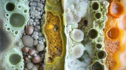Exploring the intricate world of mold and fungi in a captivating, colorful arrangement on a textured surface
