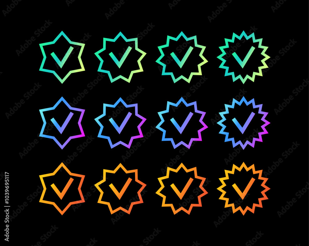 Wall mural set of neon checkmarks confirmation pros success neon gradients