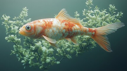 Naklejka premium A vibrant goldfish swimming among aquatic plants in a serene underwater scene.