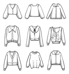 A collection of line art sweaters and jackets in various styles, illustrated in a clean vector design