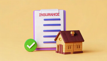 A miniature house next to an insurance form with a checkmark, symbolizing home insurance and protection.