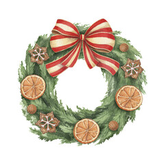 Christmas wreath of pine branches decorated with ornaments. Hand drawn watercolor winter illustration of home decor. Seasonal isolated drawing for tradition graphic and greeting card designs.