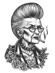elderly woman with a punk pompadour hairstyle, smoking and wearing a leather jacket, showcasing rebellion and attitude sketch engraving generative ai raster illustration. Black and white image.