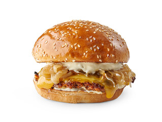 Hamburger and cheeseburger with sauce and green salads isolated white background
