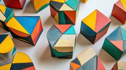 Colorful geometric wooden blocks arranged artistically on a white surface, capturing playful creativity and design