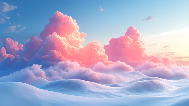 Dreamy, cotton-candy clouds fill the sky, casting a soft, pink glow on the rolling hills below. A sense of tranquility and wonder permeates the scene.