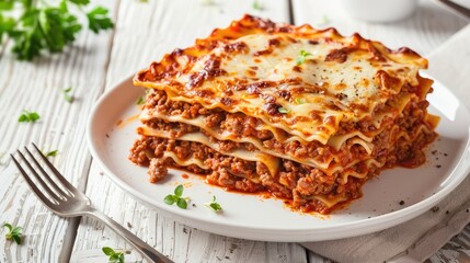 portion of lasagne al forno italian beef lasagna layered with ground beef marinara sauce pasta noodles and ricotta cheese on white plate with fork on white wood table