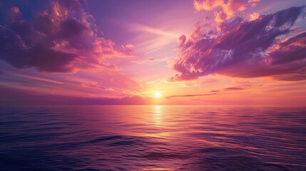 The sky is awash with a gradient of warm colors ranging from a deep purple at the top blending into softer shades of purple and orange towards the horizon The sun is partially visible on the right